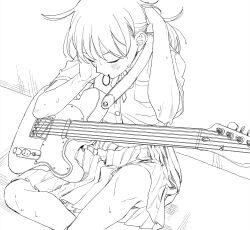  1girl closed_eyes electric_guitar futsuu_no_keion-bu guitar hair_tie_in_mouth hatono_chihiro highres holding holding_guitar holding_instrument instrument mouth_hold pleated_skirt rra_(yj) shirt sitting skirt solo tying_hair 