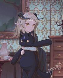  bird black_cape blonde_hair candle cape commentary commission crow cup drawer highres holding holding_stuffed_toy horns looking_at_viewer noomuaz patterned_background pointy_ears scales stuffed_animal stuffed_toy sylvie_indrath teacup the_beginning_after_the_end window yellow_eyes 