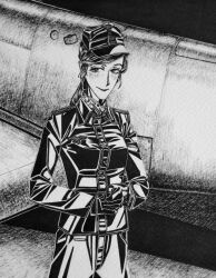  1girl black_gloves black_jacket blush bordfunker133 breasts cross drewes-chan_(bordfunker133) genderswap genderswap_(mtf) gloves greyscale hat highres iron_cross jacket leather leather_jacket lipstick long_hair looking_at_viewer luftwaffe makeup martin_drewes monochrome nazi original pants peaked_cap photo_(medium) real_life reichsadler small_breasts smile soldier solo war world_war_ii 