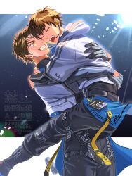  2boys ace_of_diamond alternate_costume black_gloves black_pants brown_eyes brown_hair closed_eyes commentary_request gloves happy headset highres kusatakesi looking_at_another male_focus miyuki_kazuya multiple_boys pants pouncing sawamura_eijun short_hair watermark 