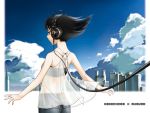  black_hair cityscape cloud headphone_+_musume headphones jeans original otakubeam see-through sky 