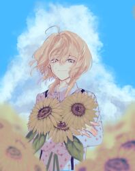  1boy ahoge blonde_hair closed_mouth clouds commentary_request cumulonimbus_cloud day flower green_eyes hair_between_eyes highres holding holding_flower looking_at_viewer male_focus medium_hair original outdoors sahi00000 smile solo sunflower upper_body yellow_flower 