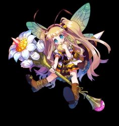  arthropod_girl bee_girl black_background blue_eyes blush boots brown_boots brown_hair child dragonfly_wings dress flat_chest full_body hairband highres holding holding_staff insect_wings licking_own_finger long_hair merc_storia merc_storia_art_team official_art puffy_short_sleeves puffy_sleeves ruche_(merc_storia) short_dress short_sleeves simple_background solo staff standing tachi-e tareme twintails very_long_hair white_dress wings 