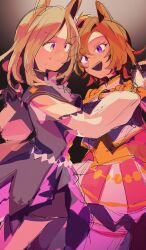 2girls amano_(amano_miko) animal_ears blonde_hair closed_mouth commentary_request crown dress gold_corset hair_between_eyes highres horse_ears horse_girl long_sleeves looking_at_another mini_crown multiple_girls narita_top_road_(the_proud_road)_(umamusume) narita_top_road_(umamusume) open_mouth orange_hair pink_crown purple_dress short_hair sweat t.m._opera_o_(o_sole_suo!)_(umamusume) t.m._opera_o_(umamusume) teeth thigh-highs two-tone_skirt umamusume umamusume:_road_to_the_top upper_teeth_only v-shaped_eyebrows violet_eyes 
