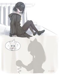  10_shii 2girls apple arknights arknights:_endfield artist_name bad_apple!! bed black_coat black_hair black_mask coat commentary curtains endministrator_(arknights) english_commentary eye_mask female_endministrator_(arknights) food fruit fumo_(doll) highres infirmary mask multiple_girls peeling perlica_(arknights) silhouette speech_bubble spoken_character touhou twitter_username 