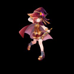  1girl arm_up black_background blush_stickers bow breasts brown_cloak brown_hair brown_jacket brown_shorts charlotte_(merc_storia) clenched_teeth cloak full_body green_eyes hand_on_own_head hat hat_bow highres holding holding_sword holding_weapon jacket merc_storia merc_storia_art_team official_art one_eye_closed outstretched_arm purple_shoes shirt shoes shorts simple_background sleeveless sleeveless_jacket small_breasts smile solo standing striped_bow sword tachi-e teeth weapon white_shirt witch witch_hat 