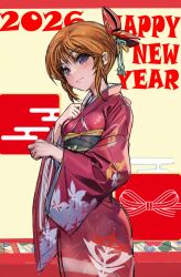  1girl 2026 blue_eyes commentary_request gundam gundam_zz hair_ornament happy_new_year highres huo_ji_wu japanese_clothes kimono neo_zeon oekaki orange_hair puru_two qubeley_mk_ii red_kimono short_hair solo standing 