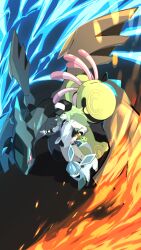  1boy absurdres black_shirt blue_eyes bracelet brown_pants collared_shirt colored_sclera commentary cradily electricity fire glaceon green_eyes green_hair hat highres jacket jewelry long_hair long_sleeves n_(pokemon) necklace ocha2_22 pants pokemon pokemon_(creature) pokemon_bw red_sclera shirt smile three-quarter_sleeves white_eyes white_jacket wings yellow_eyes zekrom 