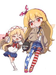  2girls :d ^_^ alternate_costume american_flag american_flag_print asymmetrical_legwear backpack bag behind_another beret black_bag blonde_hair blue_skirt blue_thighhighs blush bow bowtie brown_bag brown_cardigan cardigan closed_eyes clownpiece crossbody_bag deformed dot_nose double-parted_bangs english_text fairy_wings flag_print footwear_bow frown full_body furrowed_brow hairband hand_up hat hat_bow highres imminent_hug kneehighs lily_white long_hair long_sleeves looking_at_another looking_back magg_(user_mtca8588) miniskirt mismatched_legwear multiple_girls neckerchief nose_blush open_cardigan open_clothes open_mouth orange_wings outstretched_arms parted_lips pink_bow pink_hairband pink_shoes pink_wings pleated_skirt polka_dot polka_dot_bow polka_dot_hairband print_thighhighs red_bow red_bowtie red_eyes red_thighhighs running sailor_collar sailor_shirt school_bag school_uniform serafuku shirt shoes shoulder_strap simple_background skirt sleeves_past_wrists smile socks standing star_(symbol) star_print striped_clothes striped_thighhighs sweatdrop thigh-highs touhou uwabaki very_long_hair white_background white_hat white_sailor_collar white_shirt white_shoes white_socks wings winter_uniform yellow_bow yellow_neckerchief zettai_ryouiki 