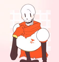 1boy 2021 2d armor blush cape clothes_tug digital_media gloves hand_up hip_bones humanoid inkfallible looking_away male male_focus male_only monster monster_boy open_mouth orange_background papyrus_(undertale) red_cape red_gloves simple_background skeleton solo spine teeth undead undertale upper_body utdr_(toby_fox) white_armor
