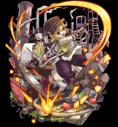  1girl belt black_background blonde_hair blush breasts brown_belt brown_hat etta_(merc_storia) full_body hair_between_eyes hat highres holding holding_pickaxe large_breasts long_hair merc_storia merc_storia_art_team minecart official_art open_mouth pants pickaxe purple_pants purple_shoes shirt shoes short_hair sidelocks simple_background smile solo standing tachi-e vest white_shirt yellow_vest 