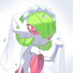  1girl bob_cut bridal_veil colored_skin commentary gardevoir green_hair lowres mega_gardevoir mega_pokemon petals pink_eyes pokemon pokemon_(creature) raine_(acke2445) simple_background smile symbol-only_commentary veil white_petals white_skin 