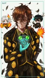  1girl 2boys :< animal_on_shoulder aqua_gloves ardor_blossom_moth ardor_blossom_star_(e.g.o) arm_behind_back artist_name bags_under_eyes black_coat black_eyes black_feathers black_pants black_vest bleparts blue_eyes brown_hair bug butterfly chibi closed_mouth coat cockroach collared_shirt commentary diffraction_(e.g.o) e.g.o_(project_moon) english_commentary eye_print faust_(project_moon) feathers fiery_wings fire_hair_ornament fur-trimmed_coat fur_trim gloves glowing_butterfly goggles goggles_around_neck gregor's_cockroach_(project_moon) gregor_(project_moon) hair_between_eyes hair_branch highres lamp_(e.g.o) lantern_(e.g.o) lapels lce_(identity)_(project_moon) limbus_company long_sleeves looking_at_animal looking_to_the_side messy_hair moth multiple_boys night_vision_device notched_lapels open_clothes open_coat open_hand orange_vest pants project_moon shirt short_hair side_ponytail teardrop vest white_background white_hair wings yellow_eyes yi_sang_(project_moon) 