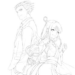  1boy 1girl absurdres ace_attorney breasts clenched_hand closed_mouth coat commentary_request from_side greyscale grin hair_slicked_back hand_in_pocket highres jacket japanese_clothes jewelry kimono long_hair long_sleeves looking_at_viewer looking_to_the_side low-tied_long_hair magatama magatama_necklace maya_fey momo_oddeye monochrome necklace phoenix_wright pointing pointing_at_viewer sash short_hair sidelocks simple_background sketch small_breasts smile topknot turning_head upper_body white_background wristband 