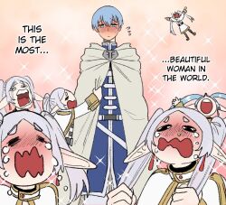  1boy 1girl blue_eyes blue_hair blue_tunic blush capelet chibi cloak commentary crying earrings elf english_commentary english_text floating_earrings frieren grabbing_own_hair himmel_(sousou_no_frieren) holding holding_own_hair jewelry meme multiple_views parted_bangs pointy_ears short_hair sousou_no_frieren sparkle standing teardrop_earrings the_one_piece_is_real_(meme) tunic twintails wanderjegson white_capelet white_cloak 