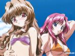  2girls arm_up bandeau bikini blue_eyes blush breasts brown_hair cleavage cloud embarrassed flat_chest kazami_mizuho kimishima_ikutomo large_breasts lipstick long_hair micro_bikini morino_ichigo multiple_girls official_art onegai_teacher onegai_twins outdoors pink_eyes pink_hair sideboob sky smile swimsuit underboob wallpaper watermark wavy_hair 