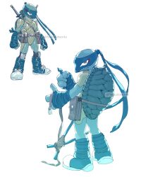 1boy alternate_costume arm_wrap bag blue_mask boots colored_skin fewer_digits flatbuildworks from_behind full_body furry furry_male green_skin hashtag-only_commentary highres horizontal_pupils leg_wrap leonardo leonardo_(tmnt) looking_at_viewer looking_back male_focus multiple_views ninja redesign satchel sheath sheathed shoulder_pads smile standing teenage_mutant_ninja_turtles turtle_boy turtle_shell