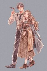  1boy absurdres animification brown_eyes brown_hair commentary_request dress food grey_hair highres humanization lady_(disney) lady_and_the_tramp long_hair mizala open_mouth pasta personification shirt shoes short_hair simple_background skirt smile spaghetti tramp_(disney) 