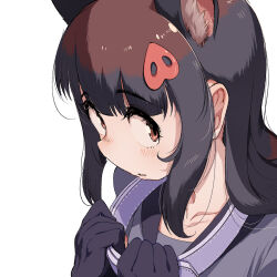  1girl animal_ears black_gloves black_hair blush collar collared_peccary_(kemono_friends) commentary_request extra_ears gloves grey_shirt hair_ornament highres kemono_friends long_hair looking_at_viewer mcgunngu red_eyes shirt simple_background solo straight_hair upper_body white_collar 