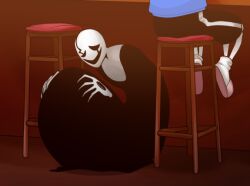  2021 2boys 2d black_coat black_shorts blue_jacket coat counter digital_media head_out_of_frame hiding hole_in_hand hollow_eyes humanoid indoors inkfallible jacket male male_focus male_only monster monster_boy multiple_boys on_stool pink_slippers sans_(undertale) shirt shorts single_vertical_stripe sitting skeleton slippers socks solo_focus stool striped_shorts teeth undead undertale utdr_(toby_fox) vertical-striped_clothes vertical-striped_shorts w.d._gaster white_socks white_stripes 