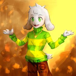  1:1 1boy 2019 2d animal_ears anthro artist_logo artist_name asriel_dreemurr body_fur brown_pants cowboy_shot digital_media droopy_ears fangs floppy_ears furry furry_male goat goat_boy goat_ears goat_tail gradient_background green_eyes green_sweater heart_necklace horizontal-striped_clothes jewelry long_sleeves male male_focus male_only mammal monster monster_boy necklace open_mouth orange_background outstretched_arms pants solo striped_clothes striped_sweater sweater tail tail_tuft two-tone_sweater undertale utdr_(toby_fox) watermark white_fur willfursyahmi yellow_stripes 