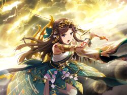  1girl arm_tattoo asymmetrical_sleeves brown_hair egasumi game_cg green_skirt hakama hakama_skirt headpiece holding holding_sword holding_weapon japanese_clothes japanese_mythology lightning long_hair long_sleeves looking_at_viewer official_art open_mouth parted_bangs shoujo_kageki_revue_starlight shoujo_kageki_revue_starlight_-re_live- single_sleeve skirt solo sword tattoo tendou_maya uneven_sleeves upper_body v-shaped_eyebrows violet_eyes weapon wide_sleeves 