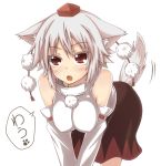  animal_ears barefoot bent_over breasts detached_sleeves hanging_breasts hat inubashiri_momiji large_breasts leaning_forward no_bra open_mouth red_eyes rock_heart short_hair silver_hair solo tail tail_wagging tokin_hat touhou wolf_ears wolf_tail 