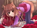  animal_ears anklet apple bad_id barefoot brown_eyes brown_hair food fruit holo jewelry mazur pouch smile spice_and_wolf tail wolf_ears wolf_tail 