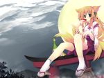  adapted_uniform animal_ears anklet blonde_hair blue_eyes food fox_ears japanese_clothes jewelry miko moon original sakazuki sake sandals sitting solo tenmu_shinryuusai 