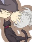  aquariumtama bell bell_collar black_cat cat closed_eyes collar darker_than_black hand_on_chest hands_on_own_chest highres lying mao_(darker_than_black) on_back on_side shadow silver_hair sleeping yin 