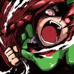  blazblue bleeding blood blood_on_face braid clenched_hand ex-meiling face fangs fist glowing glowing_eyes hong_meiling injury long_hair lowres open_mouth parody punching red_eyes red_hair redhead ryuhey solo symbol-shaped_pupils touhou translated twin_braids 