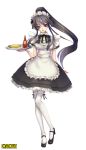  1girl black_hair bottle ketchup long_hair maid omelet ponytail purple_eyes solo thighhighs tongue tray violet_eyes yamano_uzura 