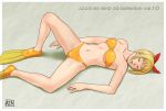   azasuke bikini blonde_hair earrings closed_eyes flippers hair_ribbon jewelry leg_lift lying marin midriff navel on_back ribbon sleeping solo spread_legs swimsuit umi_monogatari watermark  