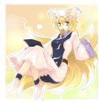  blonde_hair coco_(119267104) food fox_tail hat heart mouth_hold multiple_tails short_hair smile solo surcoat tail touhou yakumo_ran yellow_eyes 