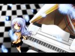  angel_beats! blazer blue_hair feathers haruyonoto instrument long_hair looking_up piano school_uniform skirt socks solo tachibana_kanade yellow_eyes 
