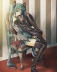  boots chair detached_sleeves green_eyes green_hair hatsune_miku hiyococo leg_hug long_hair necktie sitting skirt solo striped thigh-highs thigh_boots thighhighs twintails very_long_hair vocaloid 