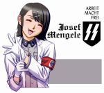  androgynous black_hair character_name closed_eyes doctor fang fangs genderswap gloves hair_ornament hairpin josef_mengele male motchie nazi original sigrunen solo swastika translated 