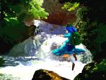  bag blue_eyes blue_hair hair_bobbles hair_ornament hat kawashiro_nitori touhou twintails water waterfall yaten 