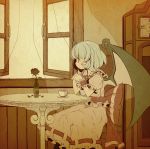  cup flower highres pointy_ears remilia_scarlet rose sitting solo table takahero teacup touhou window wings 