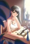  bare_shoulders black_eyes black_hair book breasts cctv008008 cellphone chair chin_rest cleavage eraser flower glasses large_breasts light long_hair pencil phone plant potted_plant sitting solo table vase 