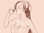  breasts brown closed_eyes hands ino kousaka_rino long_hair milk milk_bottle monochrome naked_towel otome_function pink_background pinky_out simple_background sketch spill towel 