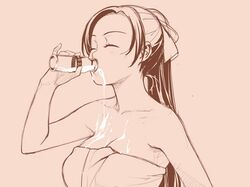  breasts brown closed_eyes hands ino kousaka_rino long_hair milk milk_bottle monochrome naked_towel otome_function pink_background pinky_out simple_background sketch spill towel 