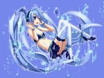 1girl blue_eyes blue_hair garter_straps hands_on_headphones hatsune_miku headphones high_heels highres legs long_hair musical_note navel open_mouth ribbon shoes skirt solo thighhighs twintails very_long_hair vocaloid yayoi_(egoistic_realism) 