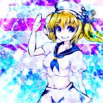  chagu crop_top grin hat kitashirakawa_chiyuri midriff navel sailor sailor_collar sailor_hat sailor_outfit short_hair smile solo star touhou touhou_(pc-98) twintails waving 