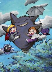  flying gastly gengar haunter matsuba_(pokemon) minaki_(pokemon) parody pokemon pokemon_(game) pokemon_gsc shimishimi_(shitappa) smile tonari_no_totoro umbrella umbrella_riding 