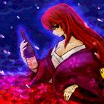  bottle bow breasts chagu cherry_blossoms cleavage flower hair_bow japanese_clothes kimono kotohime long_hair off_shoulder petals profile red_eyes red_hair redhead solo touhou touhou_(pc-98) 
