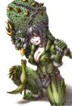  armor black_hair breasts brown_eyes cleavage deviljho fang grin large_breasts monster monster_hunter ponytail short_hair smile traditional_media weapon 