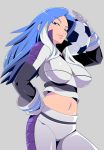  belly_button blue_eyes blue_hair bodysuit female gloves inazuma_eleven long_hair smile soccer_ball stomach urubida 