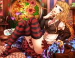  beatrice between_breasts black_panties blonde_hair blue_eyes frog jewelry kiseru legs long_hair misumi_kouji misumikouji necktie panties pantyshot pantyshot_sitting pipe ring sitting skirt striped striped_legwear striped_thighhighs stuffed_animal stuffed_toy thighhighs umineko_no_naku_koro_ni underwear 