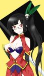  bare_shoulders black_bra black_hair blazblue bra chinadress chinese_clothes cleavage female glasses lao_jiu litchi_faye_ling long_hair ponytail red_eyes simamo solo staff 